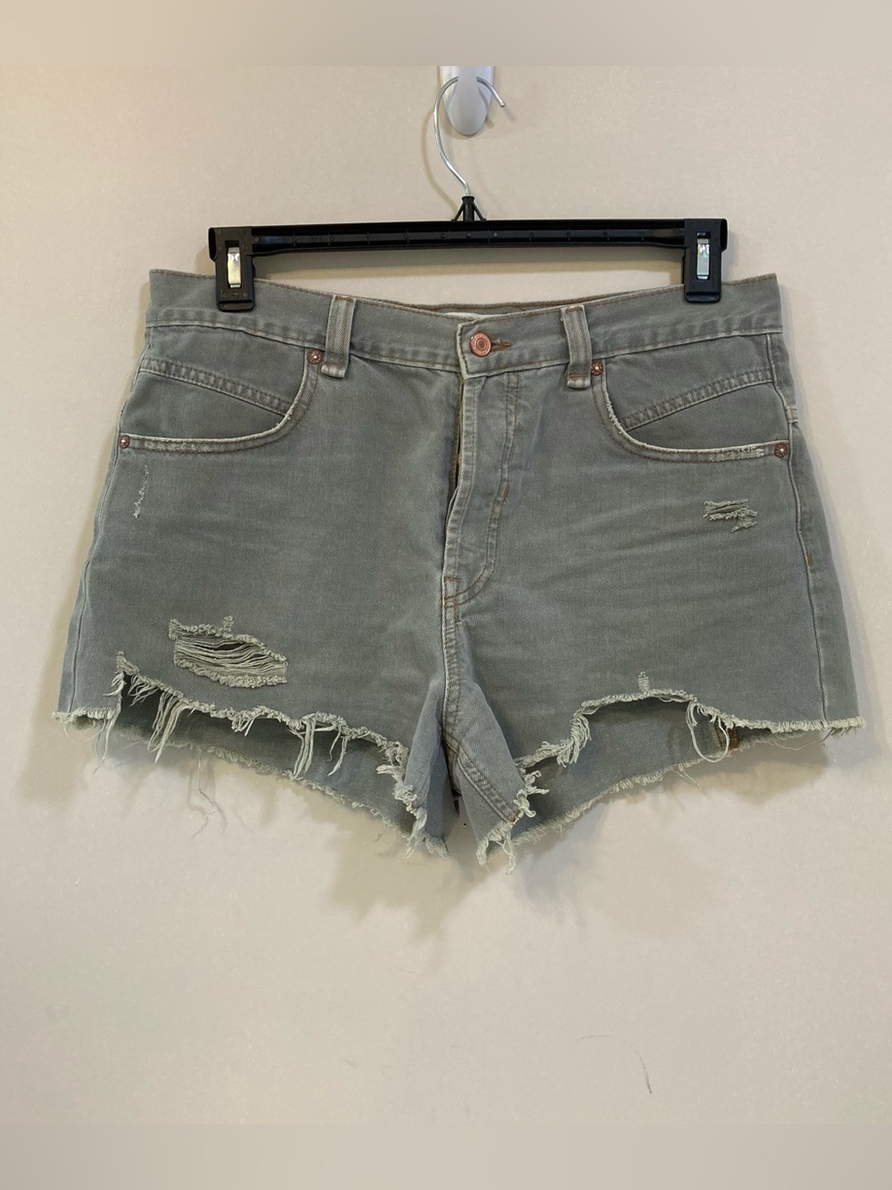 We The Free Now Or Never Denim Shorts Sz 30 Raw Hem Distressed Sage Green